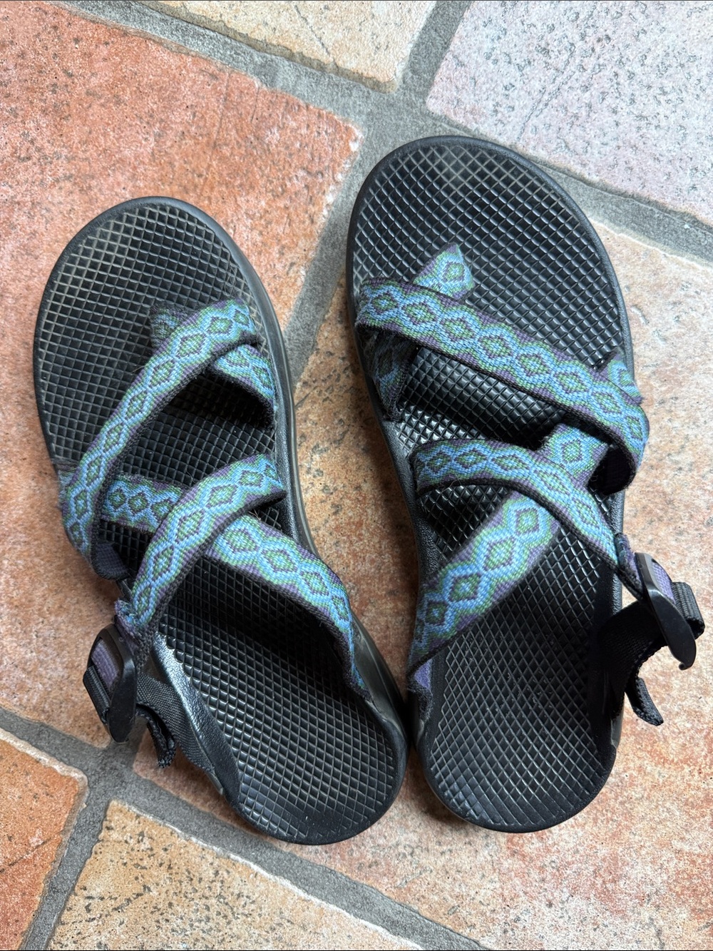 Vibram Black Sandals with Teal and Purple Patterned Straps